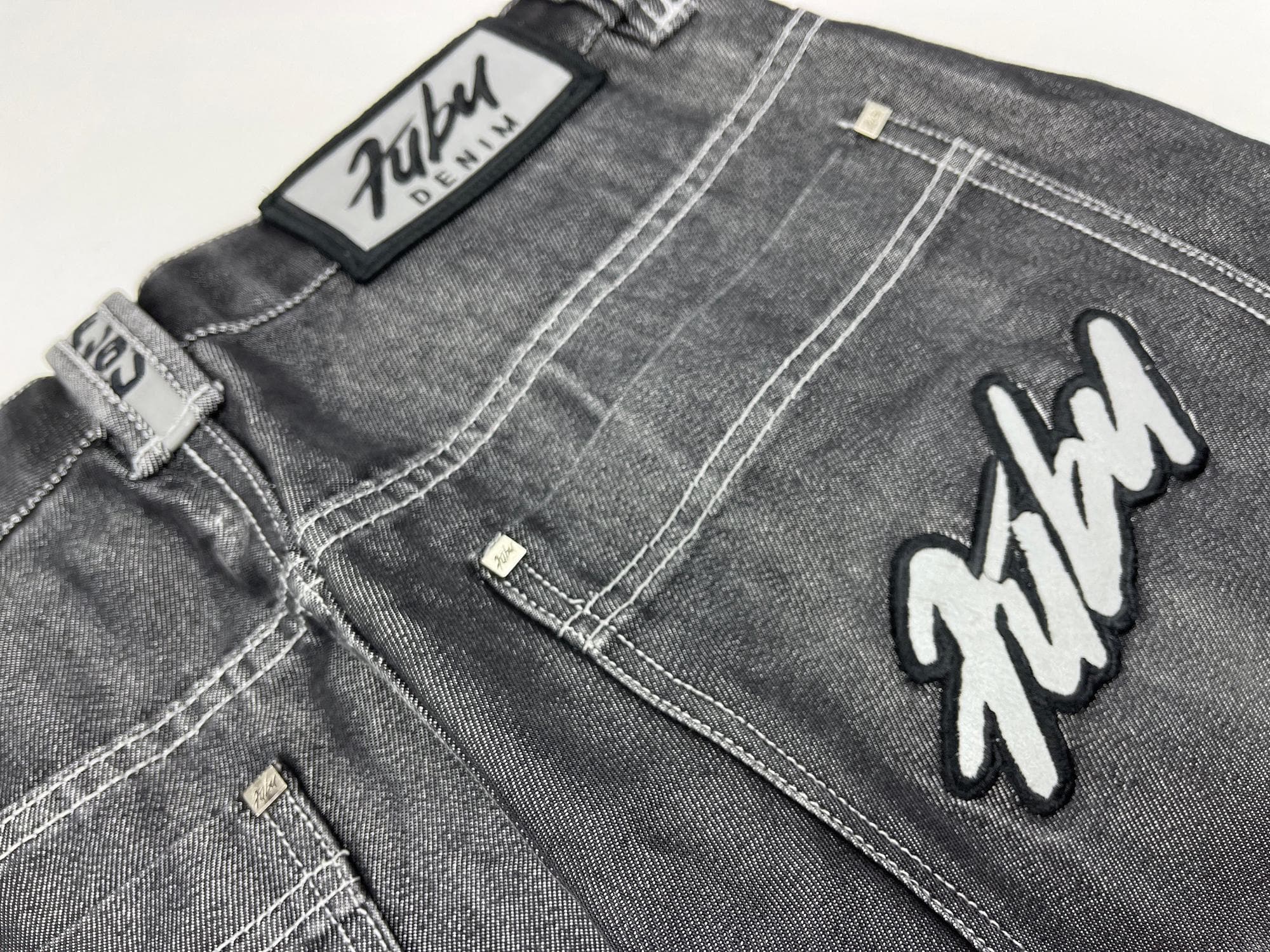 FUBU Jeans, Shiny Black Vintage Baggy Jeans, Silver Metallic, 90s
