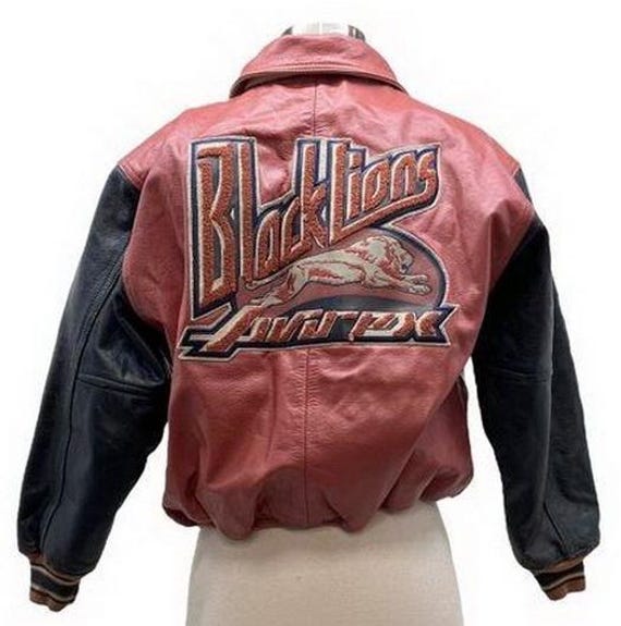 AVIREX Leather Jacket, Black Lions Vintage Varsity Coat 90s Hip