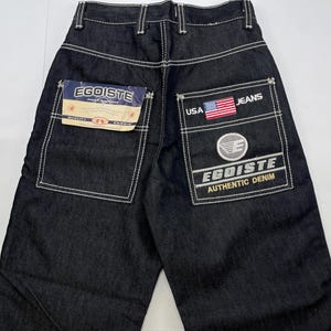 Egoiste jeans, shiny black, silver metallic, vintage baggy jeans, 90s hip hop clothing, 1990s hip-hop pants, old school, deadstock size W 26