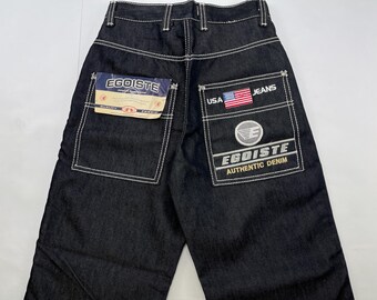 Egoiste jeans, shiny black, silver metallic, vintage baggy jeans, 90s hip hop clothing, 1990s hip-hop pants, old school, deadstock size W 26