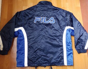 FILA-jas, blauw vintage nylon windjack van hiphopkleding uit de jaren 90, old school hiphop uit de jaren 90, parka, gangstarap, maat XL