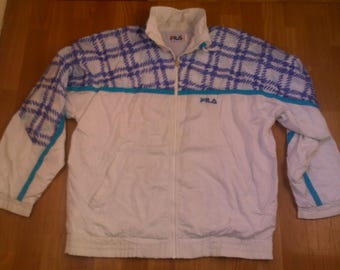 Jas FILA, wit, vintage trainingsjack, jaren 90 hiphopkleding, jaren 90 hiphop, rap, old school, streetwear basketbalschaatser, herenmaat L Large