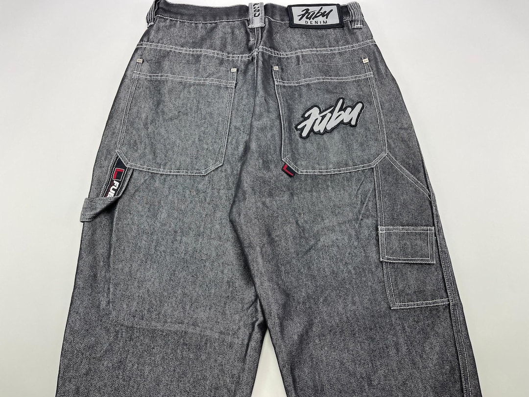 FUBU Jeans, Shiny Black Vintage Baggy Jeans, Silver Metallic, 90s