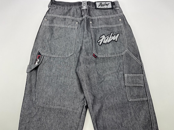 FUBU Jeans, Shiny Black Vintage Baggy Jeans, Silver Metallic