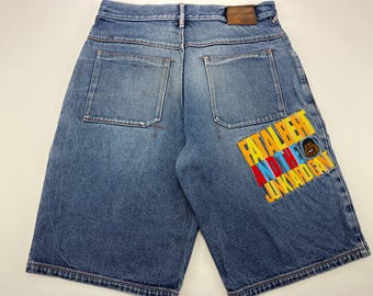 Platinum FUBU jeans shorts, Fat Albert and the Cosby Kids, blue, vintage baggy denim shorts, 90s hip hop, 1990s hip-hop, rap, mens size W 36