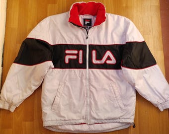 Chaqueta FILA, cortavientos vintage de poliéster de la moda hip-hop de los 90, streetwear de la vieja escuela de los 90, parka blanca de rap talla L.