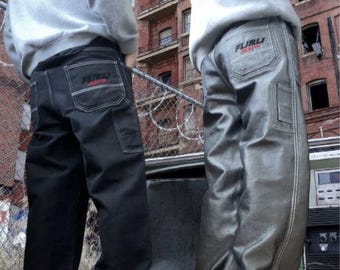 FUBU Jeans, Shiny Gray Vintage Baggy Jeans, Silver Metallic, 90s