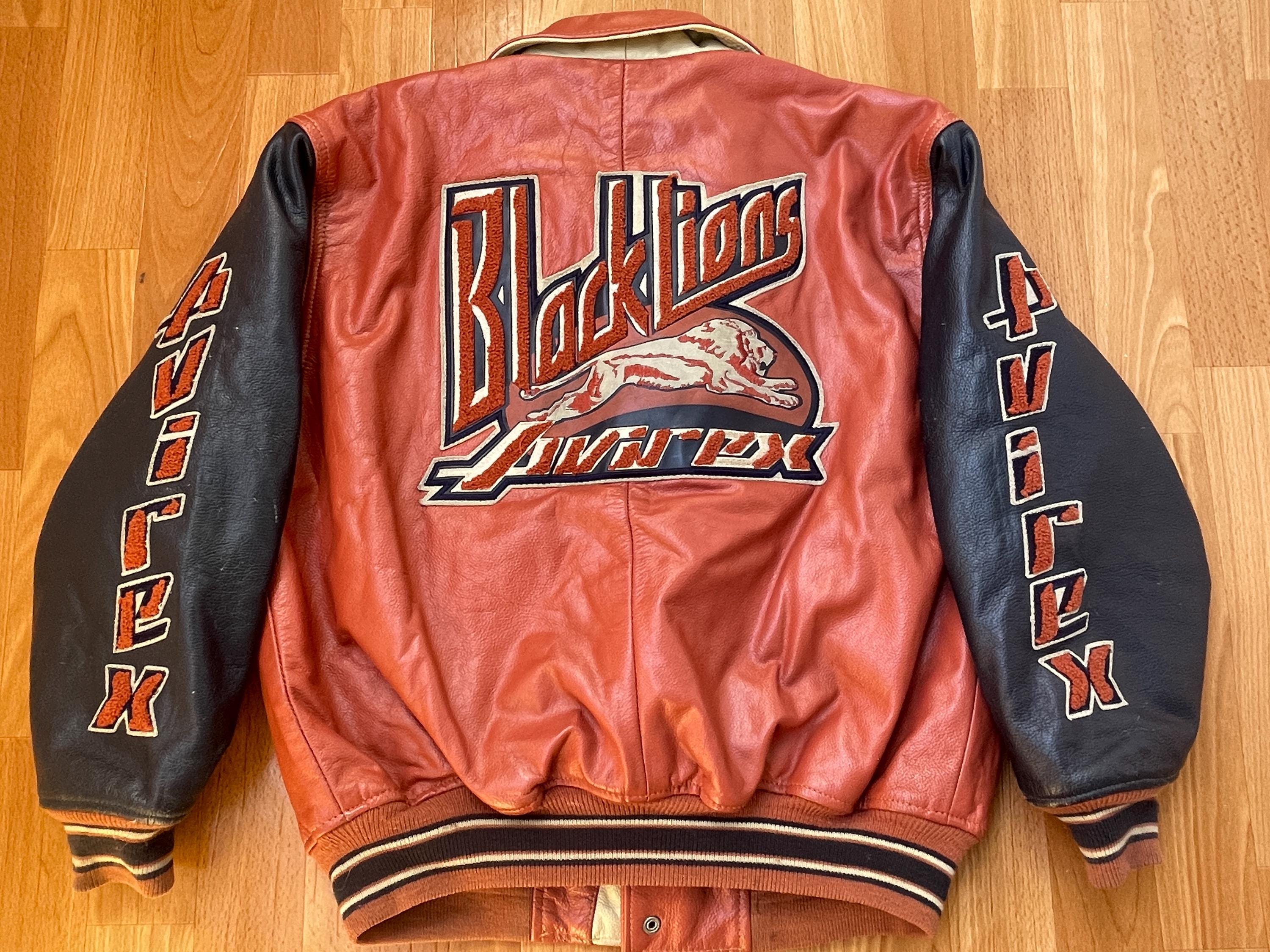 AVIREX Leather Jacket, Black Lions Vintage Varsity Coat 90s Hip