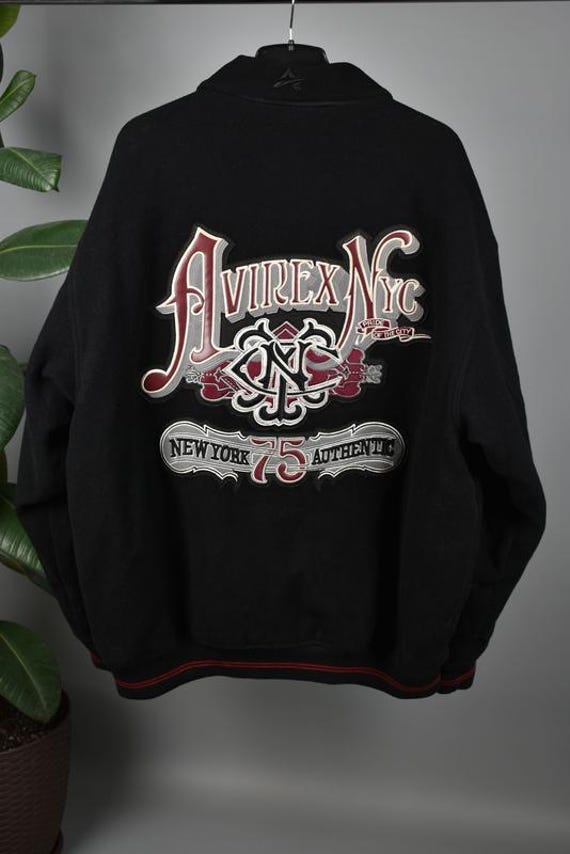 AVIREX jacket, New York 75 NYC, black, vintage coat, 90s old school hip-hop, college, old school streetwear, skater, rap, Y2K, men's size XL