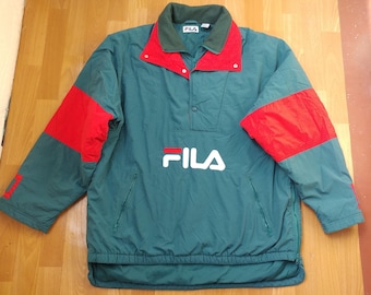 FILA-jas, vintage nylon anorakjack met 1/2 halve rits, jaren 90 hiphopkleding, jaren 90 hiphop, groene OG, streetwear, gangstarap, maat L Large