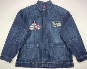 90s ROCAWEAR シャイニーデニム 光沢 Rocawear Jacket, Blue, Vintage Roca Wear Denim Jacket, 90s Hip Hop