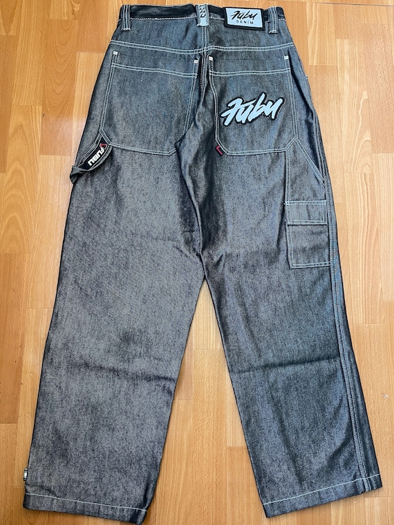 FUBU Jeans, Shiny Black Vintage Baggy Jeans, Silver Metallic, 90s