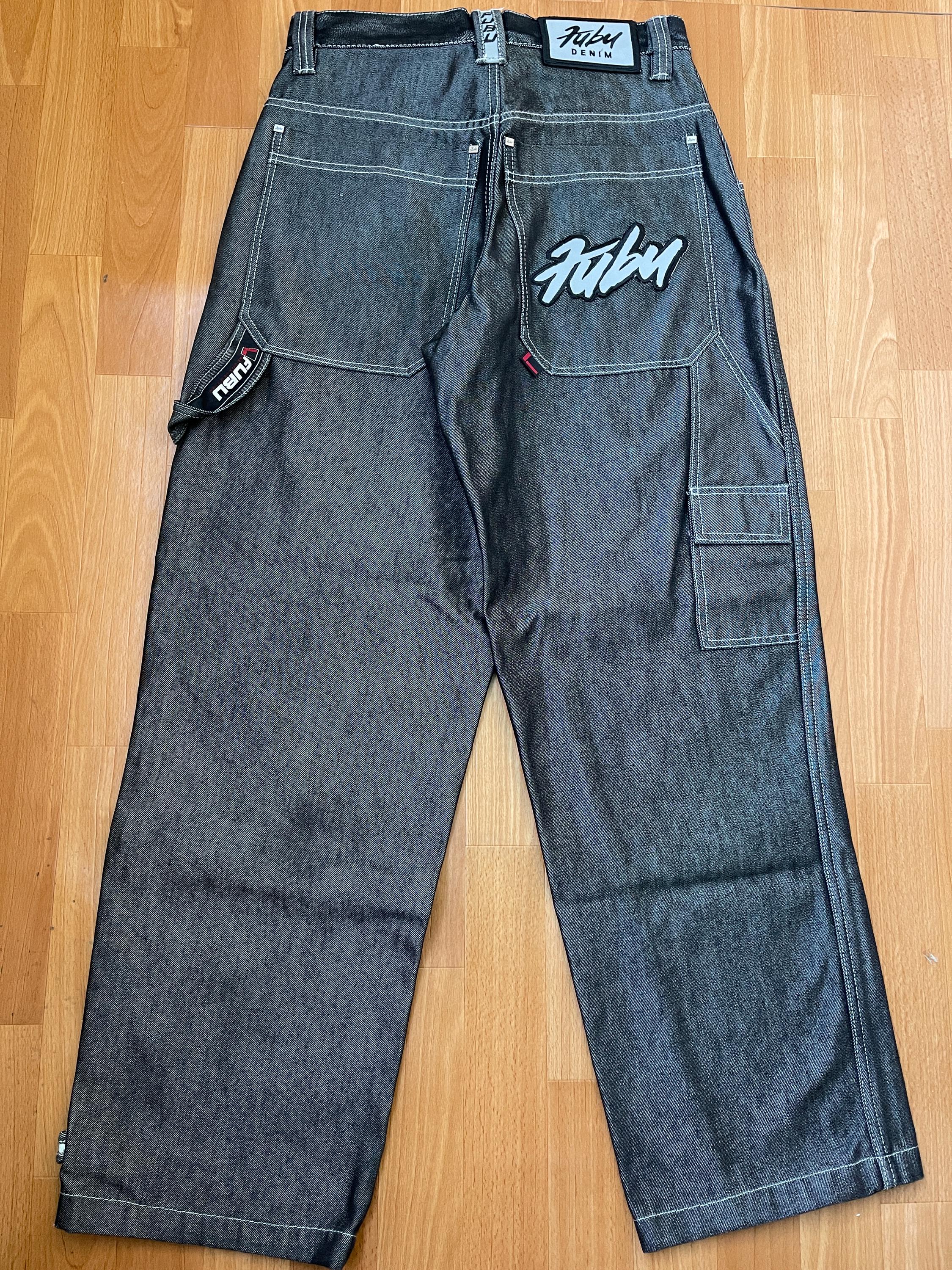 FUBU Jeans, Shiny Black Vintage Baggy Jeans, Silver Metallic, 90s