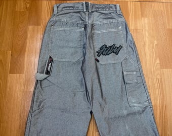 FUBU Jeans, Shiny Gray Vintage Baggy Jeans, Silver Metallic, 90s