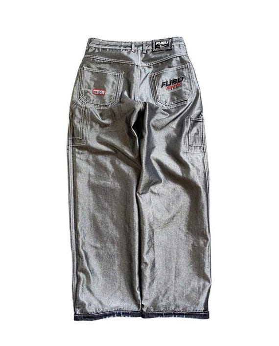 FUBU Jeans, Shiny Gray Vintage Baggy Jeans, Silver Metallic, 90s