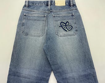 Pantalones vaqueros FUBU, vaqueros azules vintage de corte holgado, estilo carpintero, ropa hip hop de los 90, pantalones hip hop de los 90, estilo retro, rap, streetwear, talla W 34