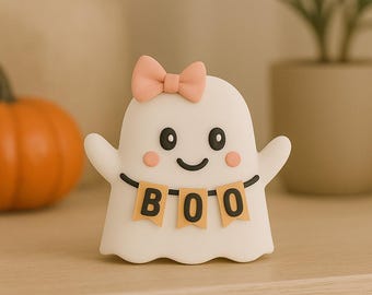 Bonita decoración de fantasma para Halloween: figura de fantasma con lazo, decoración de mesa otoñal, regalo de temporada espeluznante, adorno de Halloween en tonos pastel.