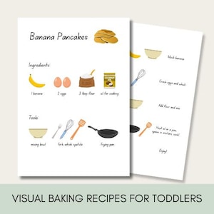 Könnte beinhalten: Illustriertes Rezept für Bananenpfannkuchen mit Zutaten wie Banane, Eier, Mehl und Kokosöl. Werkzeuge: Rührschüssel, Schneebesen und Bratpfanne. Text: "Banana Pancakes" und "Visual Baking Recipes for Toddlers."