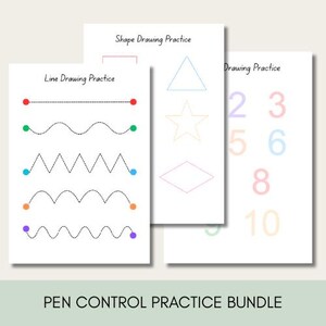 May include: A bundle of white paper sheets for pen control practice. The sheets include line drawing, shape drawing, and number tracing exercises. The text "Line Drawing Practice", "Shape Drawing Practice", and "Drawing Practice" are visible.