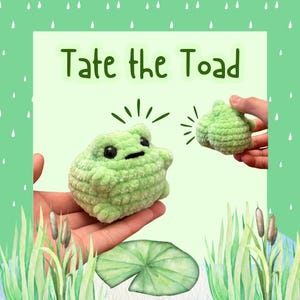 Può includere: Due giocattoli di peluche di rospo in crochet verde. Il rospo più grande è seduto in una mano, mentre il rospo più piccolo è tenuto in un'altra mano. Lo sfondo è un design ad acquerello verde e bianco con gocce di pioggia e il testo "Tate the Toad".