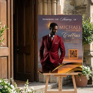 葬儀ウェルカムサイン Canvaテンプレート QRコード 追悼ポスター 写真 人生の祝福 追悼ディスプレイサイン 編集可能 すぐにダウンロード