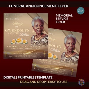 May include: Funeral announcement flyer with a photo of a woman, gold cross, and yellow roses. Text includes "In Loving Memory of Gwendolyn Annette Wilson" and "Celebration of Life Service April 3, 2025". The flyer is a digital, printable template.