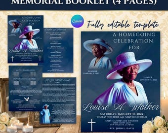 Blue Memorial Booklet Template 4 Page | Funeral Program Homegoing Service Celebration of Life Program | Obituary Program Canva Template