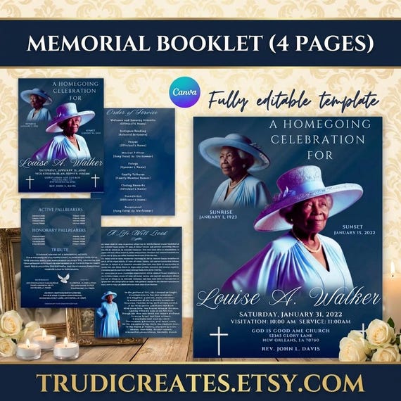 Blue Memorial Booklet Template 4 Page | Funeral Program Homegoing Service Celebration of Life Program | Obituary Program Canva Template
