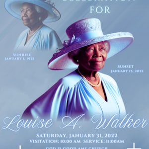 May include: A blue and white funeral announcement for Louise A. Walker. The announcement includes the dates of her birth and death, the date and time of the visitation and service, the name and address of the church, and the name of the officiant.