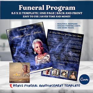 May include: A funeral program template with a blue and gold design. The template includes a photo of a woman and text that reads "Celebration of Life" and "In Loving Memory." The template is 21.59 x 27.94 cm and includes a bonus funeral announcement template.