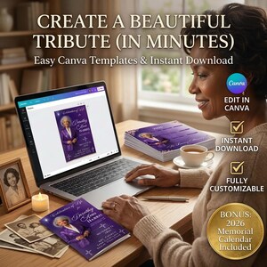 May include: A laptop displays a memorial template with the text "Celebration of Life for Dorothy Ann Harris." Beside the laptop are printed memorial cards, a stack of booklets, and a bonus 2026 memorial calendar. The image promotes easy Canva templates.
