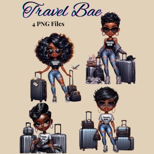 Pacchetto di clip art Travel Bae, clip art donna nera, adesivi, ragazza chibi, viaggio tra ragazze, vacanza, png, grafica ragazza nera, ragazza afro