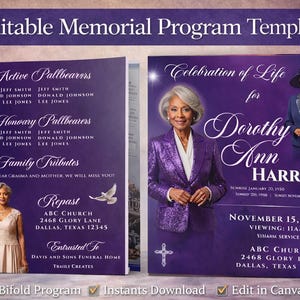 May include: A bi-fold memorial program template with a purple background. The cover features a photo of a woman in a purple sequined jacket. Text includes "Celebration of Life" and the name "Dorothy Ann Harris".