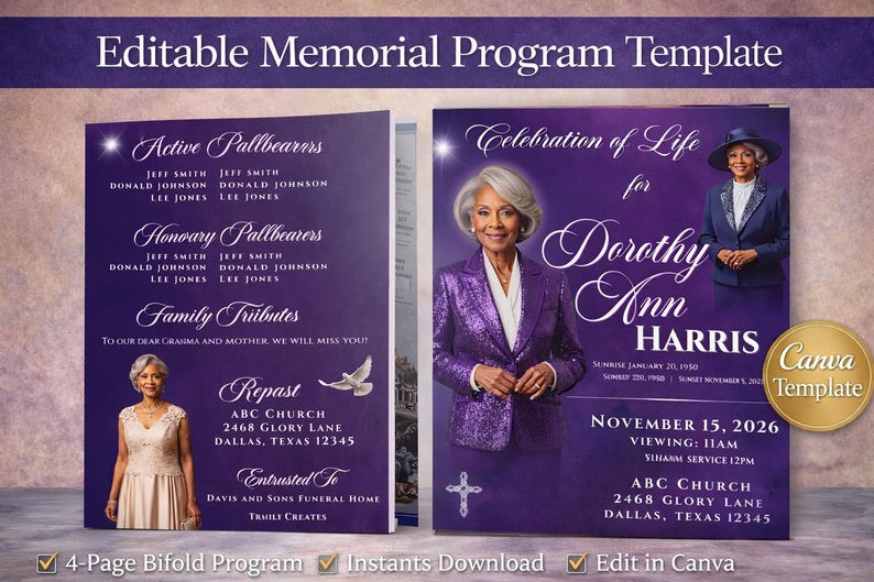 May include: A bi-fold memorial program template with a purple background. The cover features a photo of a woman in a purple sequined jacket. Text includes "Celebration of Life" and the name "Dorothy Ann Harris".