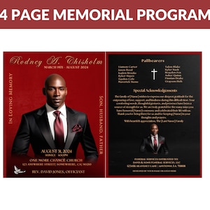 11x17 Memorial Funeral Booklet Program Template | Red | 4 page | Photo Keepsake | Funeral Program | Obituary Booklet | Memorial