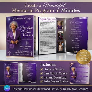 May include: A memorial program template with a purple and white design. The cover features a photo of Dorothy Ann Harris and event details. The program includes an order of service, reflections, and a bonus memorial calendar.