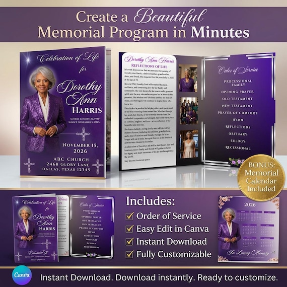 Purple Memorial Booklet 4 Page Funeral Program Canva Template Celebration of Life Obituary for Homegoing Service + Bonus Calendar Keepsake