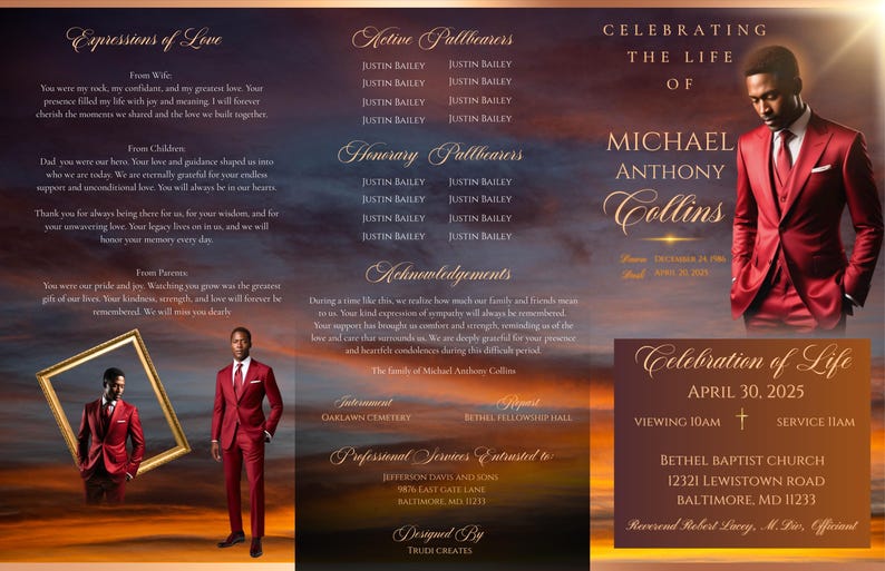 Editable Trifold Memorial Program Canva Template 17 X 11 Photo Keepsake ...