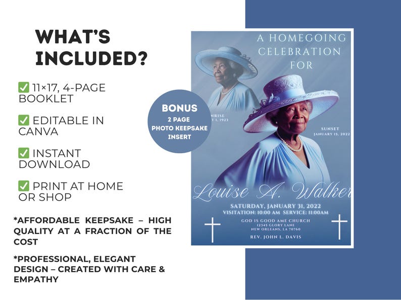 Blue Memorial Booklet Template 4 Page | Funeral Program Homegoing Service Celebration of Life Program | Obituary Program Canva Template image 2