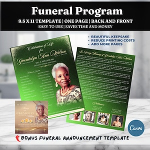 Può includere: Un modello di programma funebre con uno sfondo sfumato verde. La parte anteriore presenta una foto di Gwendolyn Ann Wilson, con i dettagli dell'evento. Il retro include una biografia e foto. Il testo include "Funeral Program" e "Celebration of Life".
