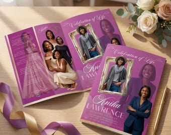 Celebration of Life Funeral Program Template + Matching Calendar Keepsake • 4-Page 17x11 Obituary • Editable Canva Memorial Booklet