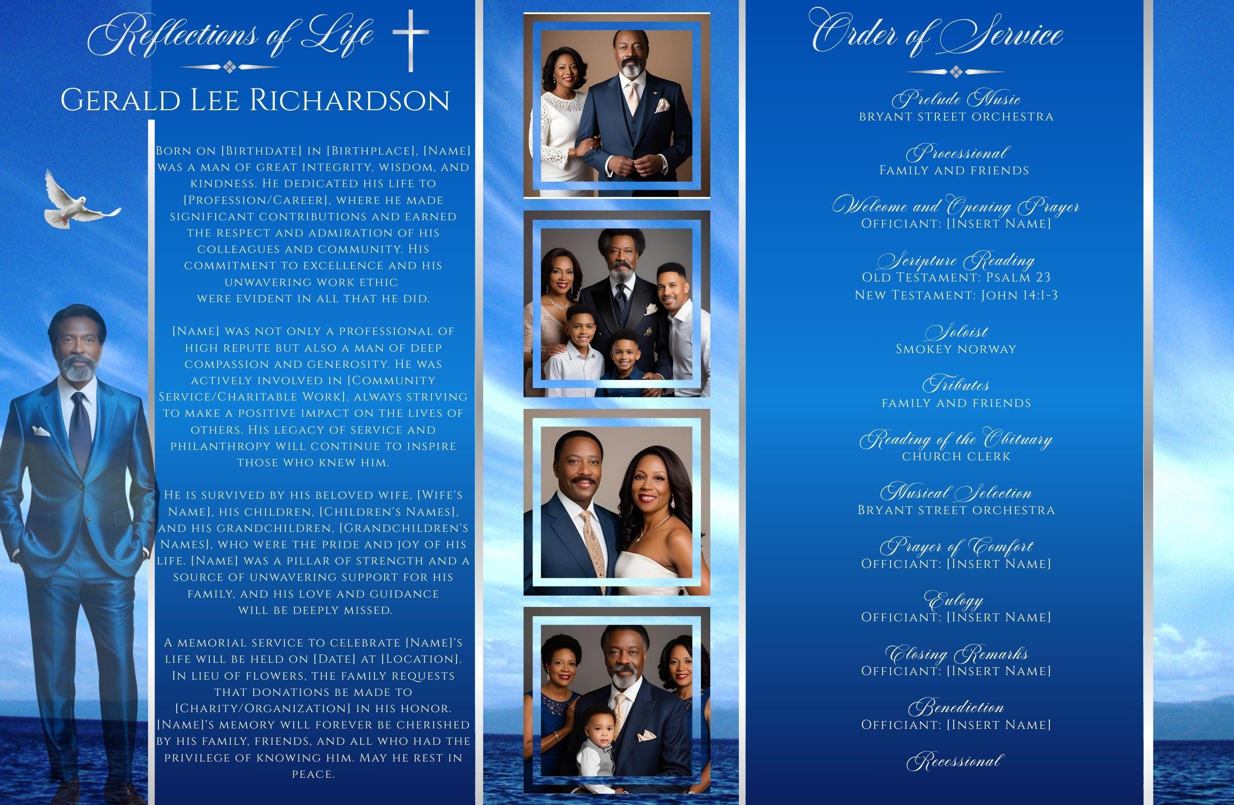 Blue Funeral Program Booklet 4 Page Photo Keepsake Memorial Tribute ...