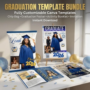Può includere: Un pacchetto di modelli di laurea con modelli Canva personalizzabili. L'immagine mostra un sacchetto di patatine, un poster, un libretto e modelli di invito. I modelli includono una laureata in abito blu, il testo "Class of 2026" e il nome "Leah".