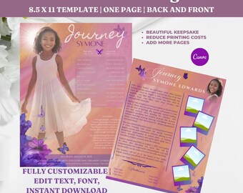 8.5x11 Minimalist Funeral Program, Back and Front Funeral Template, Child Funeral Program, Front and Back Obituary, Pink Child Obituary