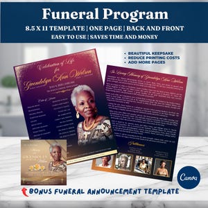 May include: A funeral program template with a photo of a woman, featuring a burgundy and gold color scheme. The design includes the text "Celebration of Life" and "In Loving Memory". The template is 8.5 x 11 inches and easy to use.