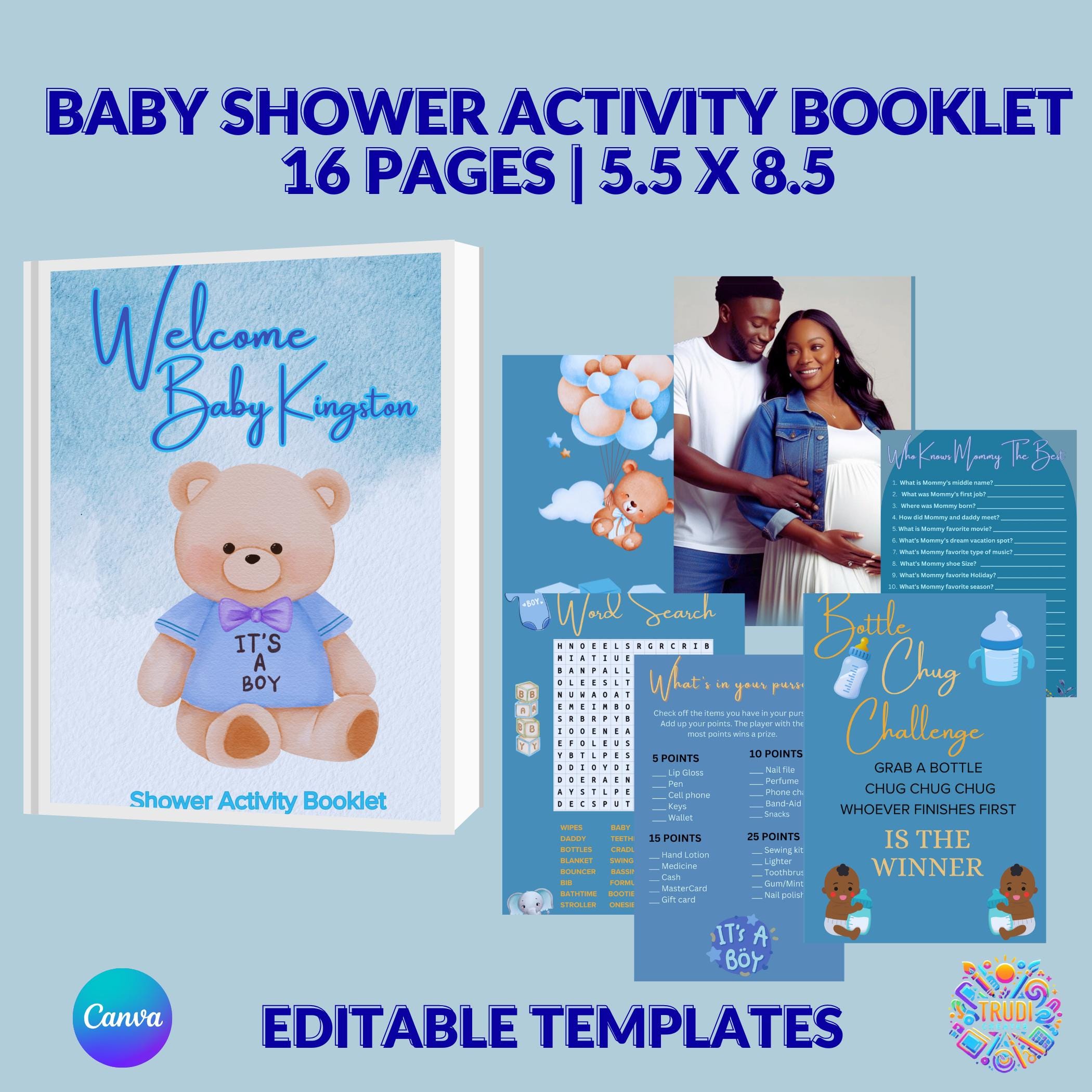 Baby Shower Activity Game Booklet, Teddy Bear, Baby Shower Booklet, 16 Pages, 8.5 x 11, Unisex, Announcement, Canva Template, Boy, Girl