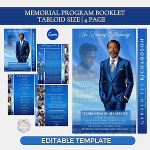 May include: A blue and white memorial program booklet template for a funeral service. The booklet includes a photo of the deceased, a biography, and details about the service. The text on the cover reads "In Loving Memory" and "Gerald Lee Richardson".