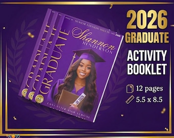 Sjabloon afstudeeractiviteit boekje sjabloon Senior aandenken feest gunst klas van 2026 afgestudeerde canva bewerkbaar paars