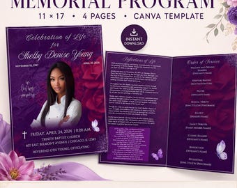 May include: An editable 11 x 17 inch memorial program Canva template featuring a deep purple background with floral accents. The design includes a front cover with a photo placeholder, text for a celebration of life, and an interior layout for service details.