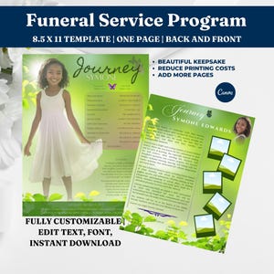 Op de afbeelding: Een sjabloon voor een uitvaartdienstprogramma met een groen en wit ontwerp. De sjabloon bevat de tekst "Funeral Service Program" en "Journey Symone". De sjabloon is volledig aanpasbaar en maakt het bewerken van tekst, lettertype en direct downloaden mogelijk.